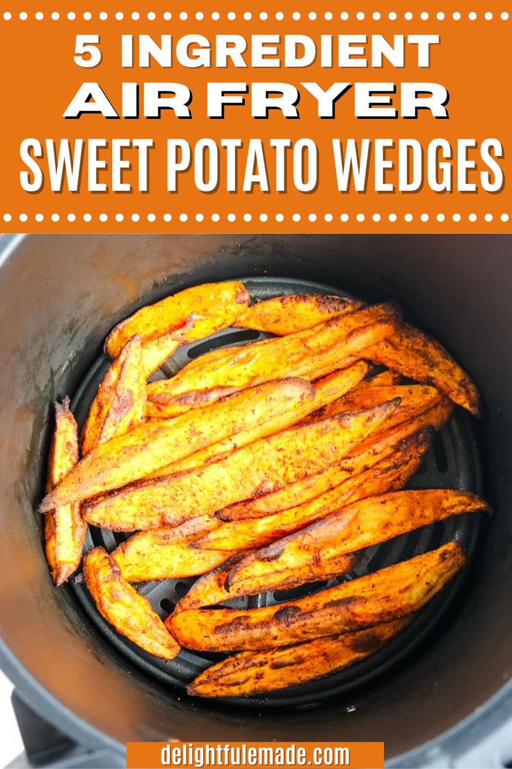 sweet potato wedges in an air fryer with text overlay