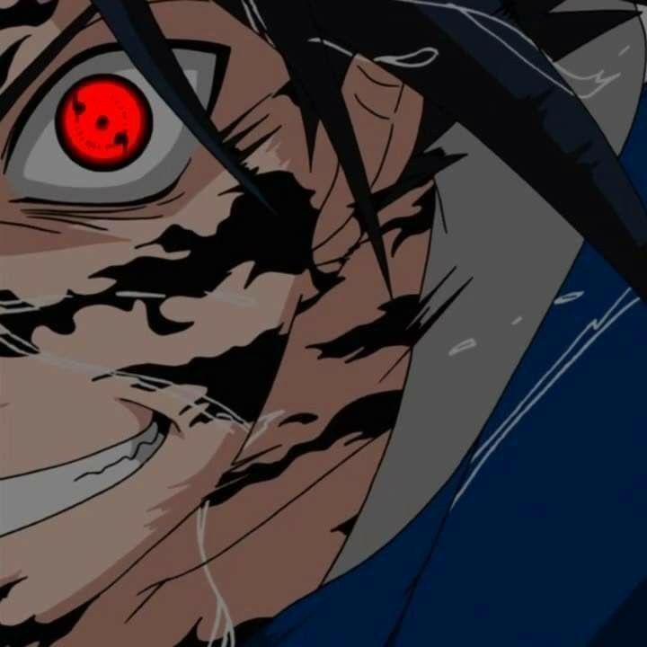 an anime character with red eyes and black hair, looking at the camera while holding his head