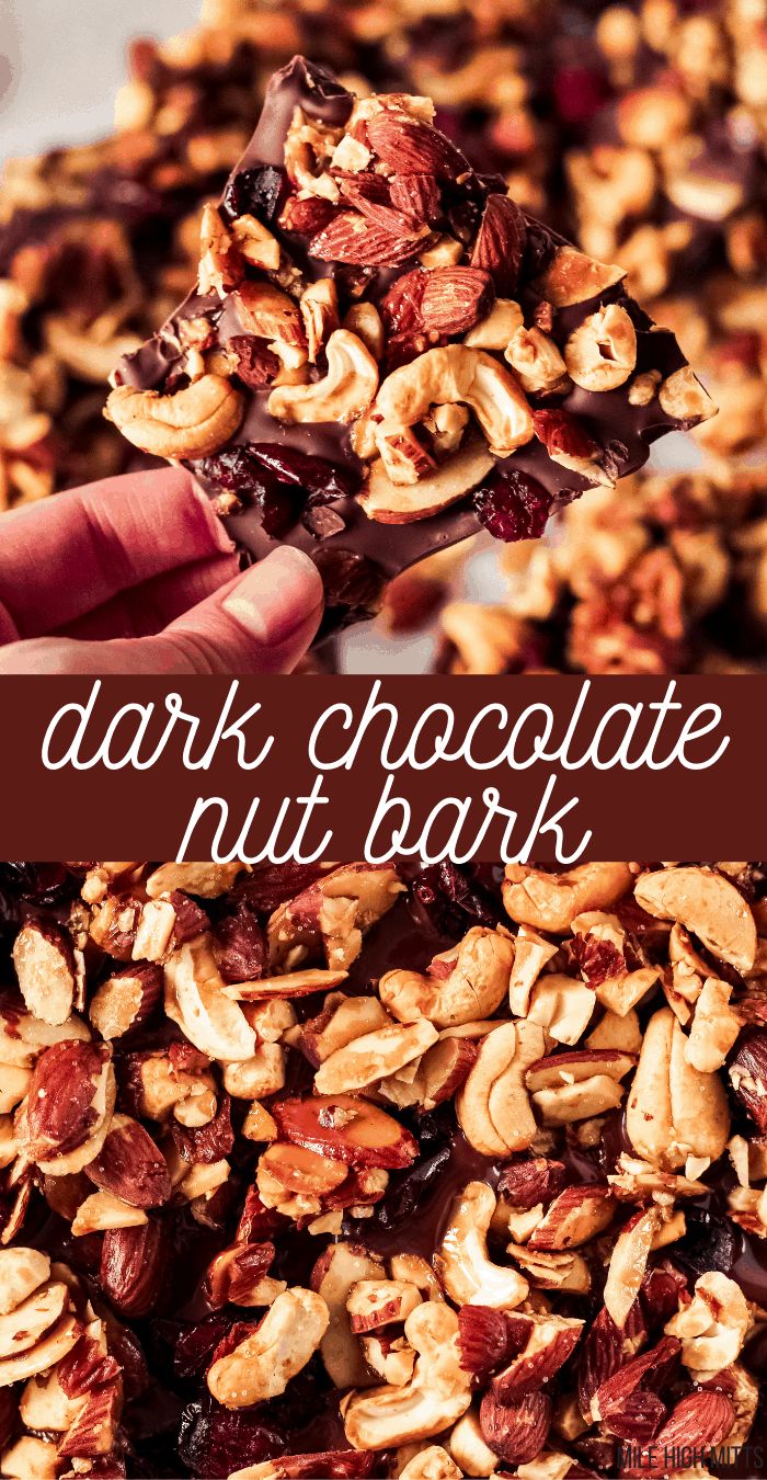 a hand holding a chocolate nut bark with the words dark chocolate nut bark above it