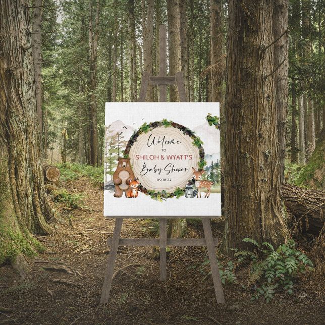 an easel in the woods with a sign that says, once shiloh wait's baby shower