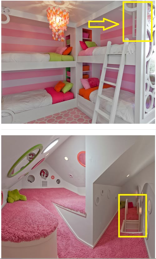 there are two bunk beds in this room with pink carpet on the floor and one is white