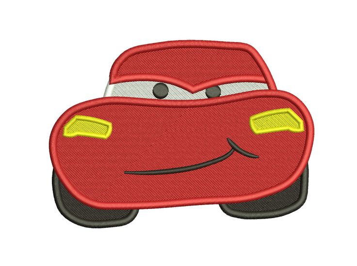 a red car with yellow eyes on it's face, embroidered onto the side of a