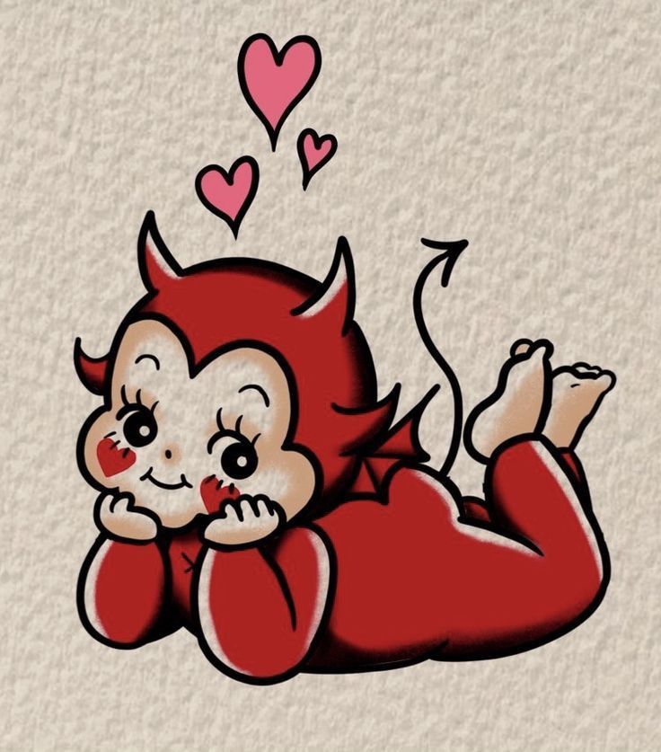 a drawing of a devil laying down with hearts floating above it's head and eyes