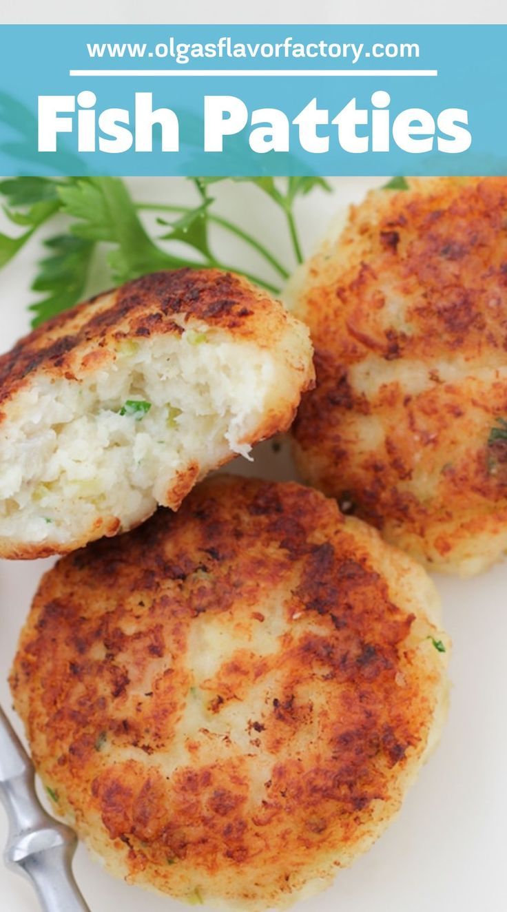 three crab cakes on a white plate with the words fish patties overlayed