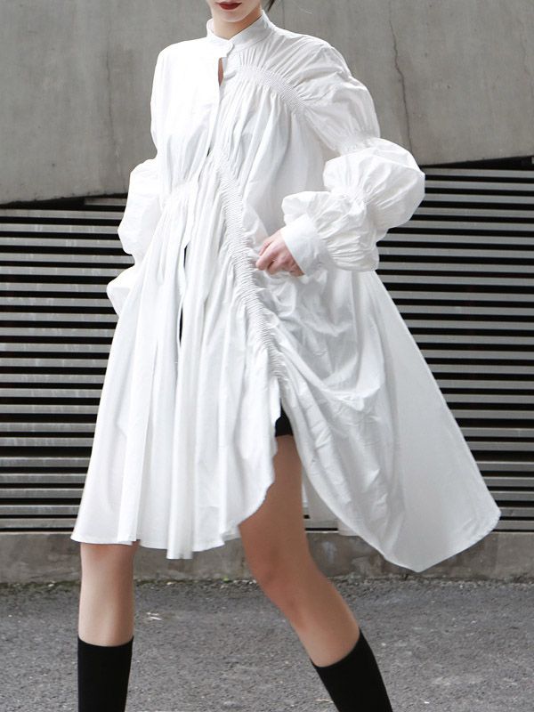 Loose Original Designed Irregular Puff Shirt Dress BLACK-FREE SIZE Woman Blouse Fashion, Pleated Shirt Dress, Loose Fit Shirts, Pleated Shirt, Dongguan, Moda Vintage, White Shirt Dress, Asymmetrical Design, Long Blouse