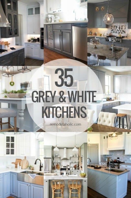 grey and white kitchen cabinets with the words, 35 grey and white kitchens above them