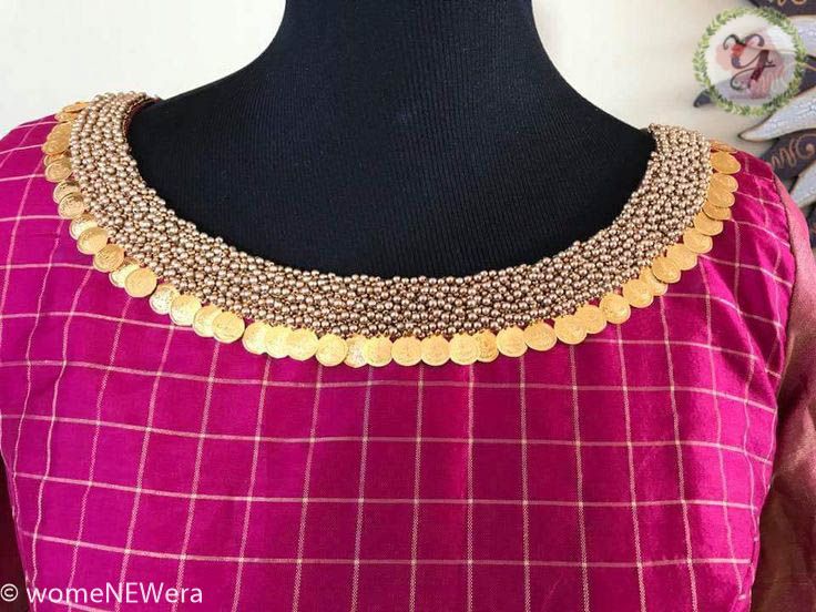 Kasu coin Embellished Blouse Design Blouse Design Latest, Saree Blouse Neck Designs, Sari Blouse Designs, Wedding Blouse Designs, Blouse Designs Indian, Silk Saree Blouse Designs, Maggam Work Blouse Designs, Blouse Designs Silk, Elegant Blouse Designs