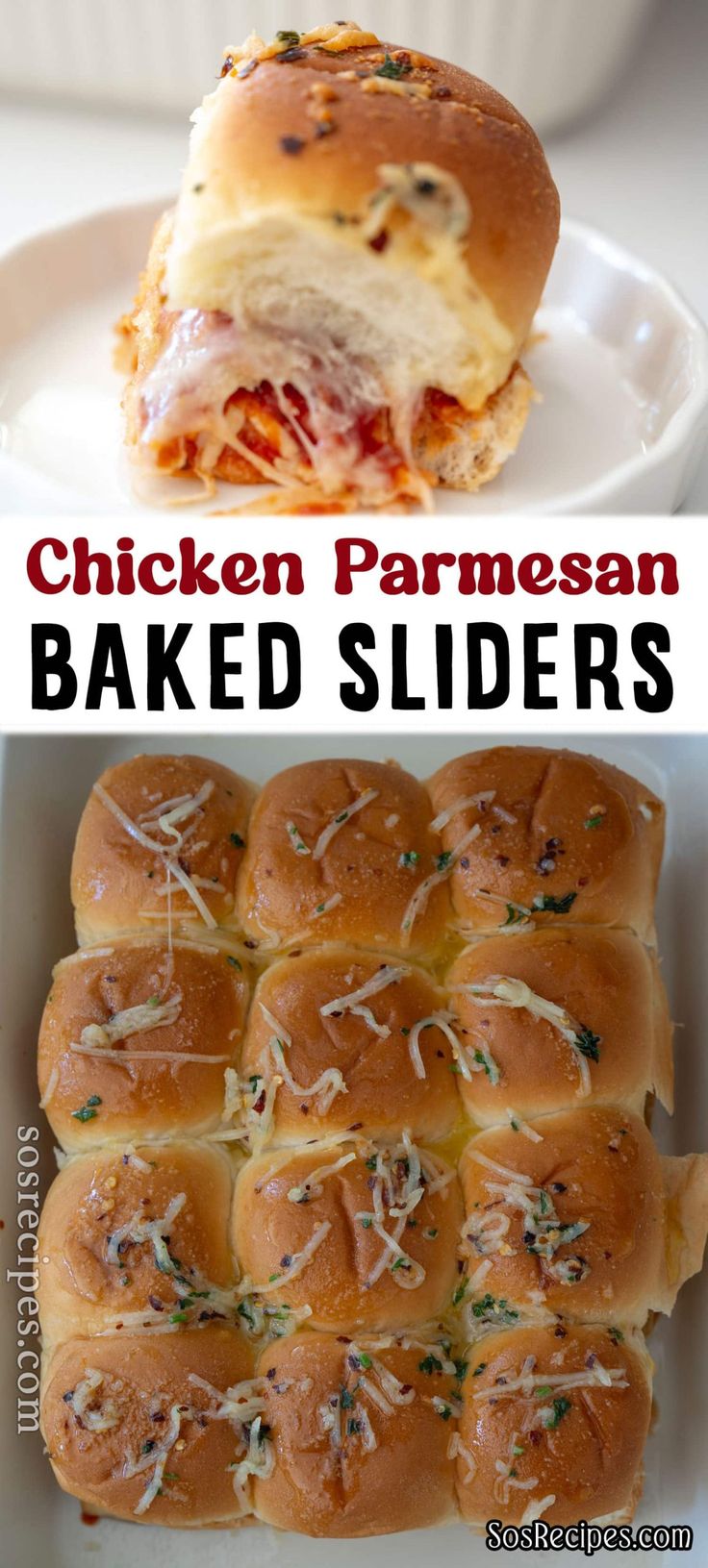 chicken parmesan baked sliders with cheese and herbs on top are shown in this collage