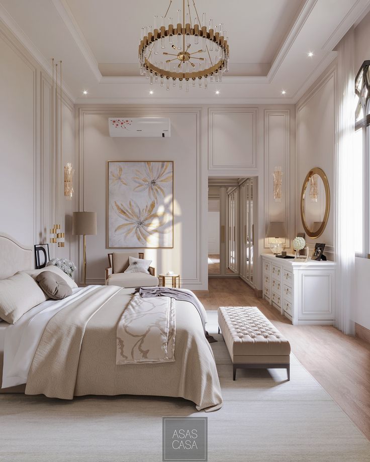 a large bedroom with white walls and wood flooring has a chandelier hanging from the ceiling