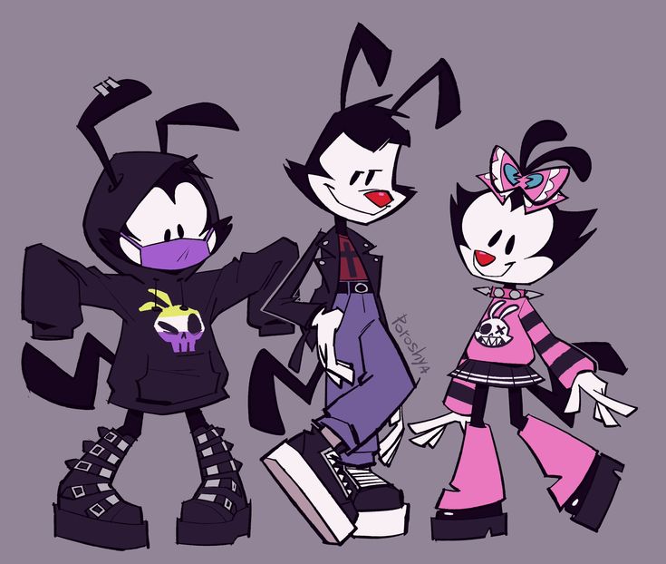 three cartoon characters standing next to each other in front of a purple background with black and white