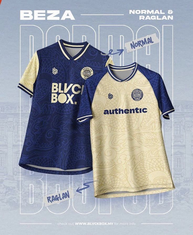 two soccer jerseys are shown on a blue and white background with the words, bezza normal & normal