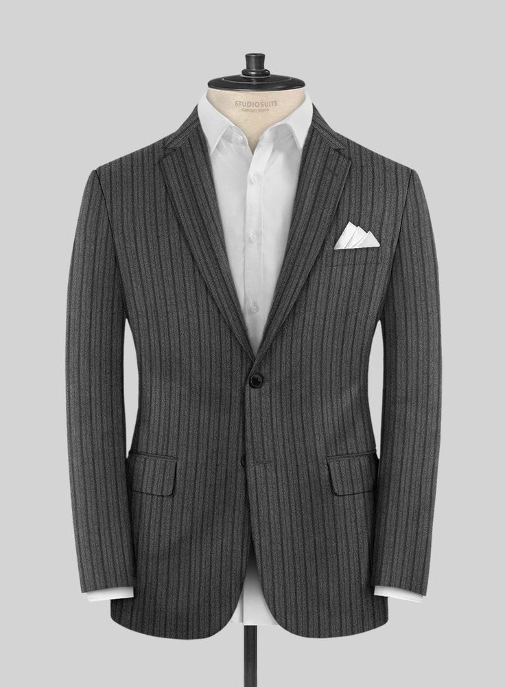 Introducing the Italian Wool Agseni Suit, a sophisticated choice that not only enhances your appearance but also exudes an authoritative presence. Meticulously crafted from the finest pure wool fabric, this exceptional suit showcases a tasteful pattern of evenly spaced vertical stripes, emanating an air of distinction. The subtle gray tone further amplifies its overall charm while its design embodies a refined and understated aesthetic. Whether you find yourself in a formal business meeting, a f Elegant Three-piece Suit With Lapel Collar For Winter, Elegant Winter Three-piece Suit With Suit Collar, Elegant Winter Three-piece Suit, Luxury Pinstripe Outerwear With Notch Lapel, Elegant Tailored Three-piece Winter Suit, Fitted Pinstripe Outerwear For Semi-formal Occasions, Luxury Double Breasted Suit With Long Sleeves, Pinstripe Business Suits With Lapel Collar, Pinstripe Suits With Lapel Collar For Business