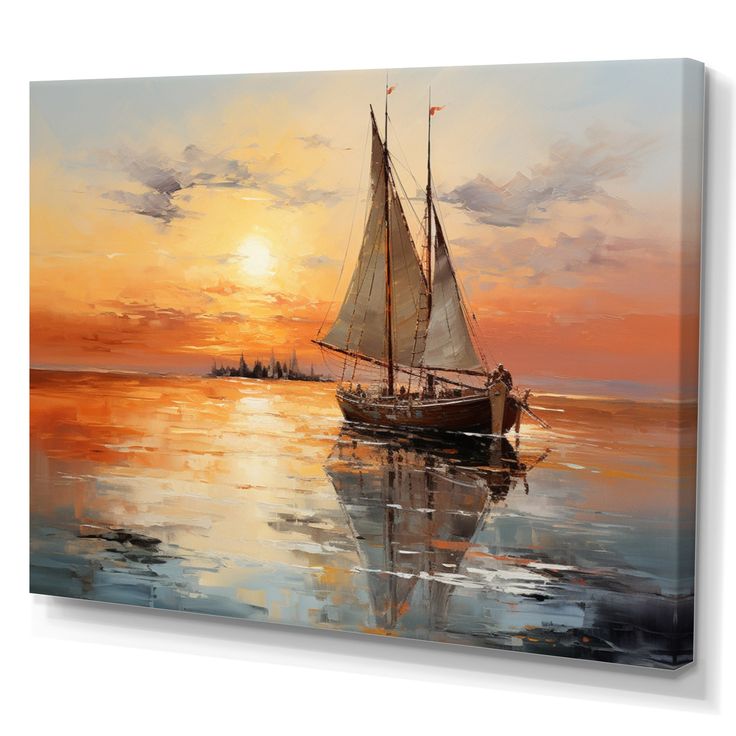 a painting of a sailboat on the water at sunset