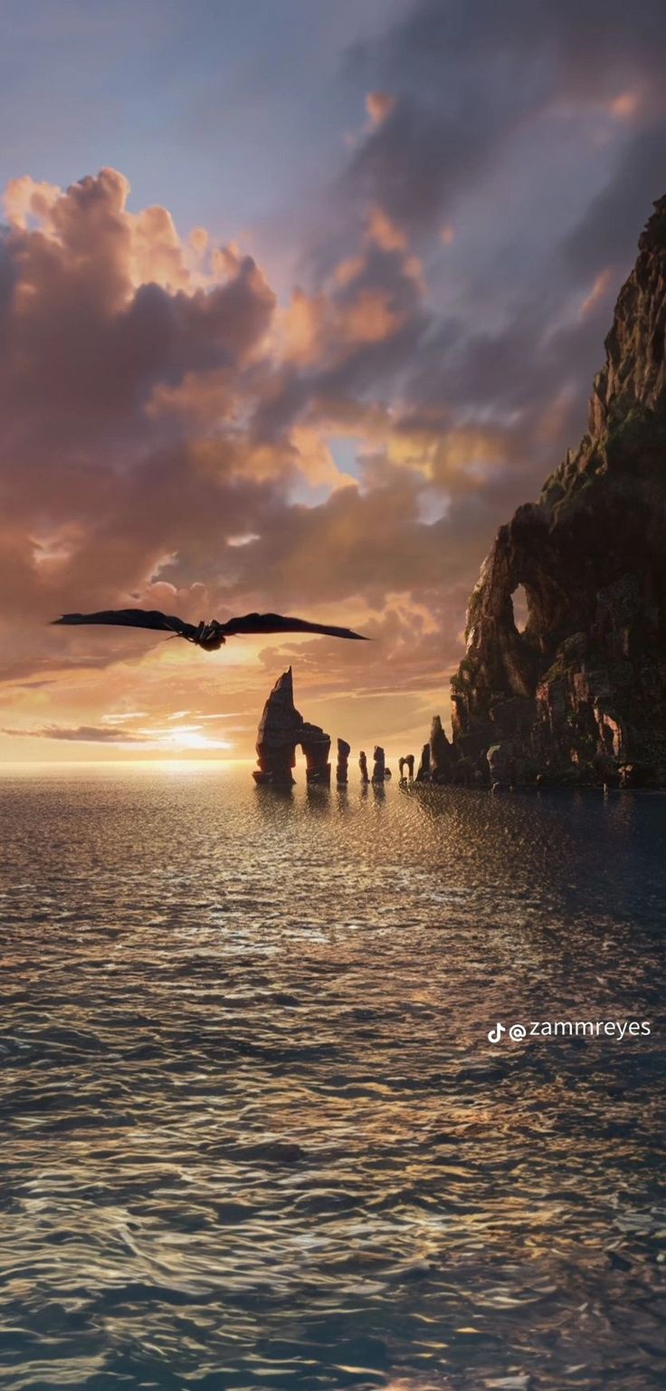 a large bird flying over the ocean near a rocky cliff and rock formation at sunset