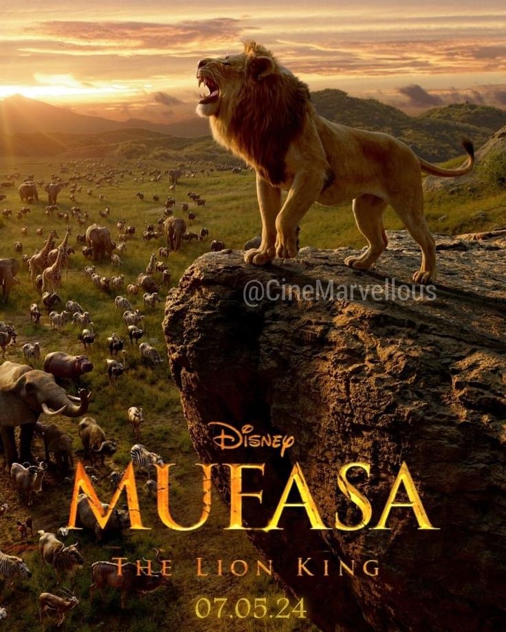 the lion king movie poster with an animal standing on top of a rock, surrounded by other animals