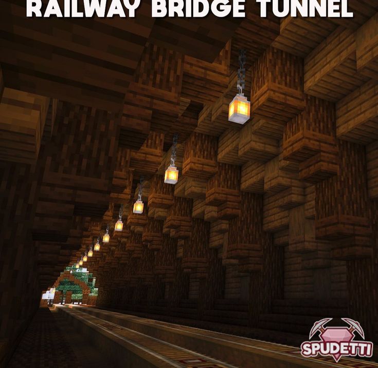 the railway bridge tunnel in minecraft is lit up at night with lanterns hanging from the ceiling