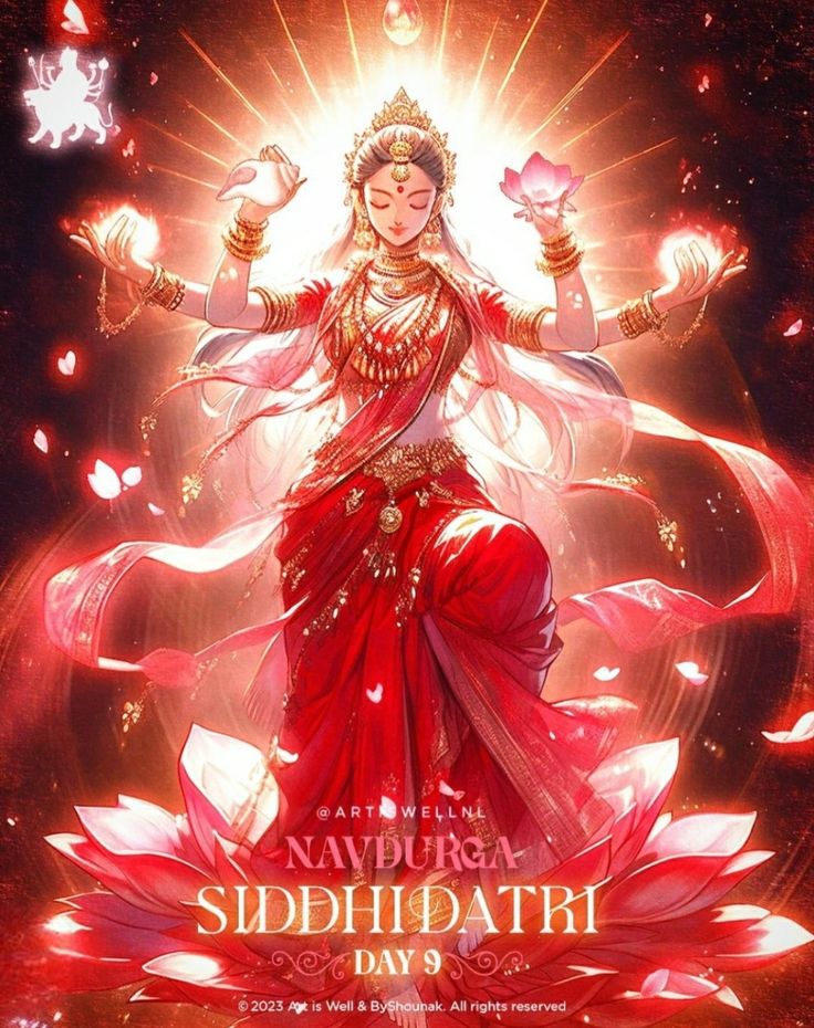 the poster for an upcoming event with goddess in red and white dress, surrounded by lights