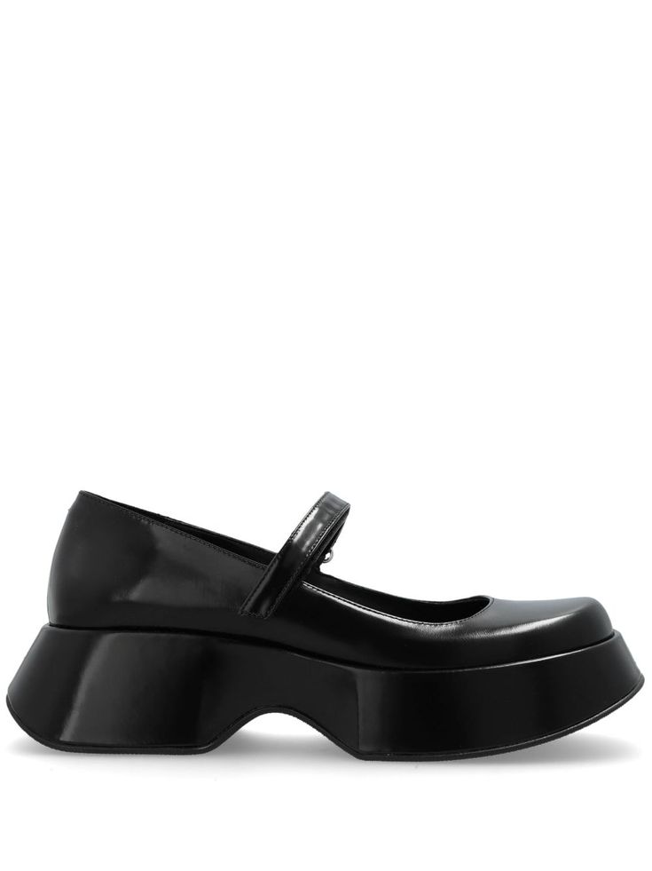 black leather smooth grain glossy finish chunky rubber sole branded insole touch-strap fastening Modern Black Mary Janes With Buckle Closure, Black Patent Leather Mary Janes With Leather Sole, Leather Mary Janes With Platform And Pointed Toe, Modern Leather Closed Toe Mary Janes, Modern Leather Mary Janes With Closed Toe, Modern Black Round Toe Mary Janes, Modern Mary Janes With Heel Strap And Round Toe, White Ballerina Flats, Merry Jane