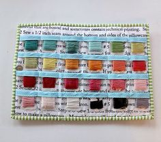 a piece of fabric with different colored threads on it and the words sew 12 in each row