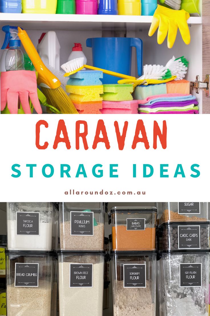 the words caravan storage ideas are in front of some plastic containers with cleaning supplies on them