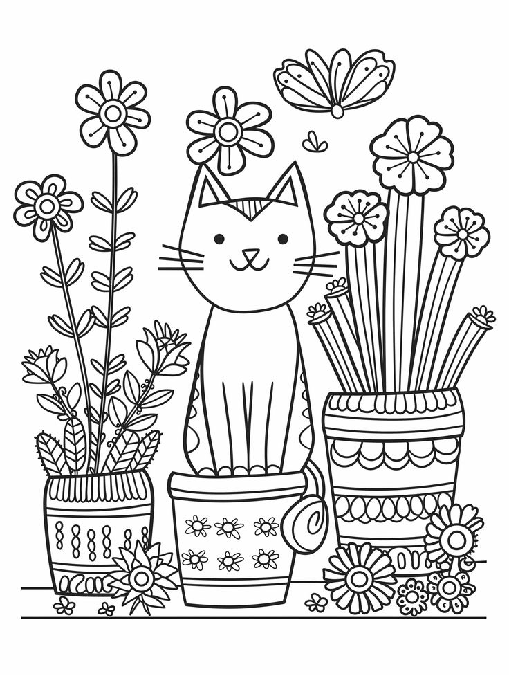 a black and white drawing of a cat sitting in front of potted plants with flowers