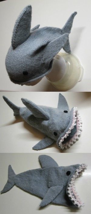 three pictures of stuffed shark toys on a table