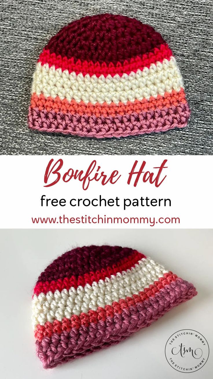 a crocheted hat with the text, bonfire hat free crochet pattern