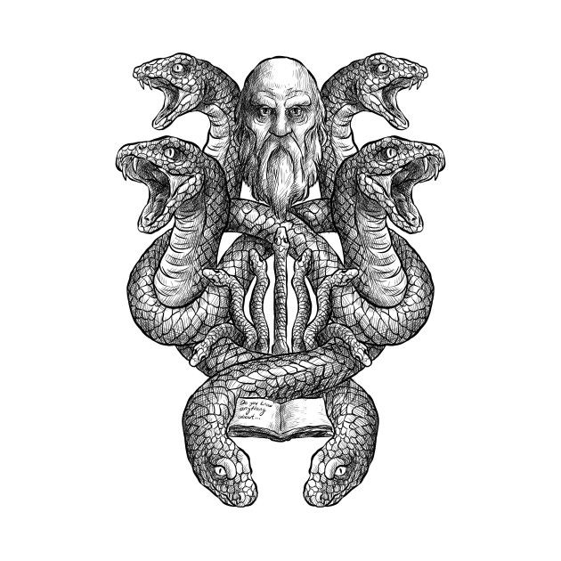 a drawing of a man with snakes around his neck and hands in the shape of an octopus