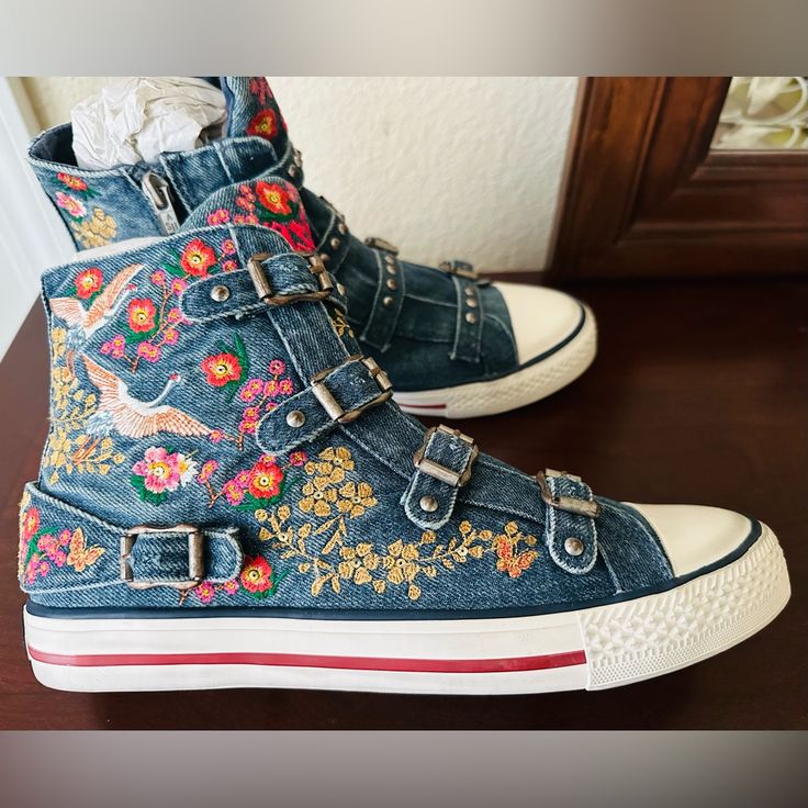 Limited Ash Sneakers High Top Jean Embroidered Size 9 Women’s Used Once! Like Brand New! Ash Sneakers, Ash Shoes, Ash, Womens Shoes Sneakers, High Tops, High Top Sneakers, Shoes Sneakers, Blue And White, Brand New