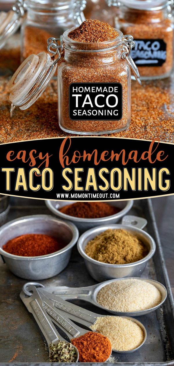 homemade taco seasoning recipe in a jar with spoons and spices on the counter