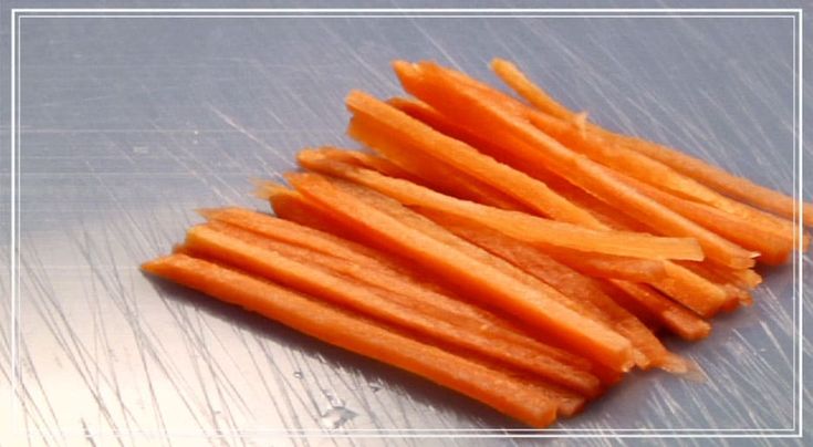 several pieces of carrot sitting on top of a metal surface with the words, how to cut carrots