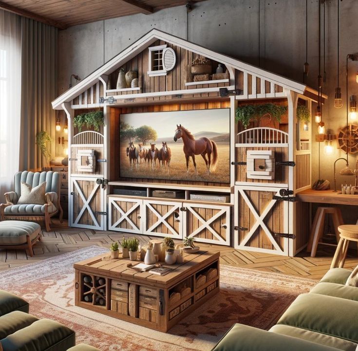 a living room filled with furniture and a horse painting on the wall above it's entertainment center