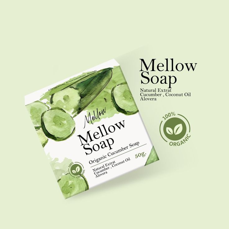 the front and back of mellow soap on a green background with an organic logo