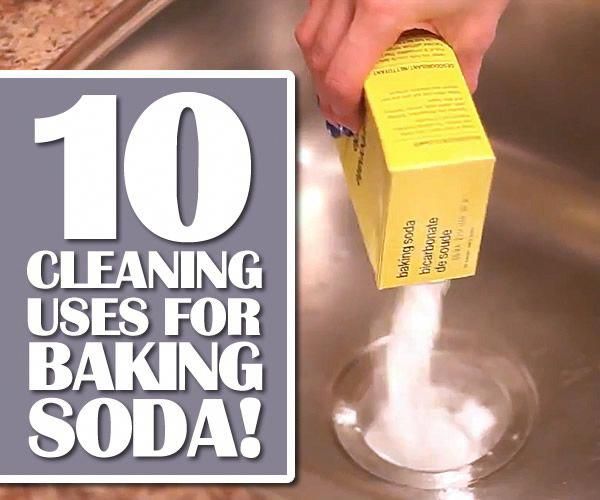 a person cleaning a kitchen sink with soap on it and the words 10 cleaning uses for baking soda