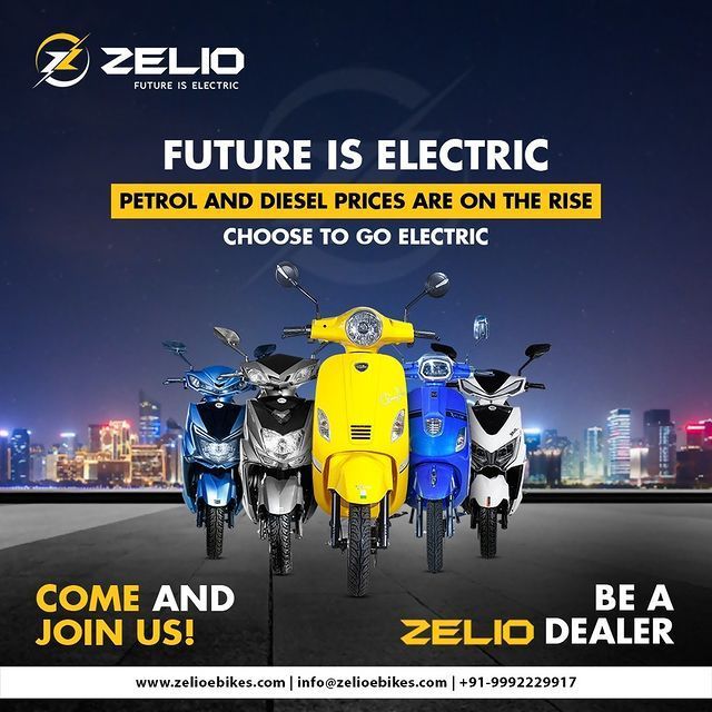 three electric scooters are parked in front of a cityscape with the words, future is electric petrol and diesels are on the rise choose to go electric