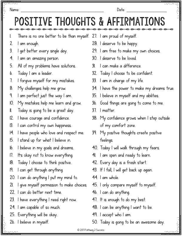 Positive Thinking Affirmations List Self Esteem Worksheets, Positive Thought, Affirmations For Kids, Louise Hay, Positive Self Talk, Self Talk, Social Emotional Learning, Coping Skills, Social Emotional