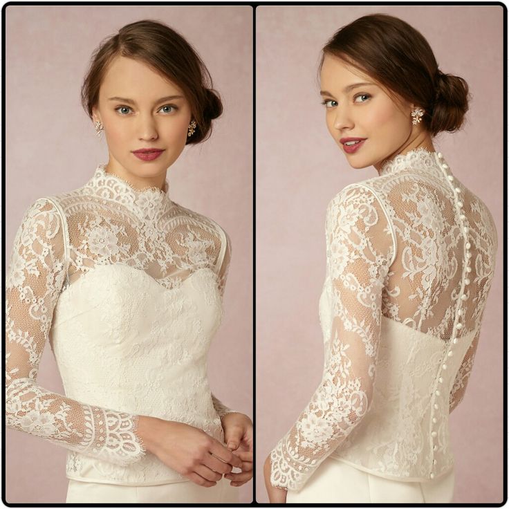 two photos of a woman wearing a white wedding dress with long sleeves and lace detailing