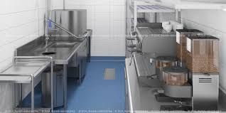 an industrial kitchen with stainless steel appliances and blue flooring is shown in this image