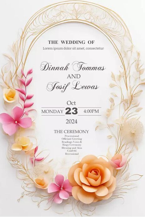 a wedding card with flowers and leaves in the shape of a circle on a white background