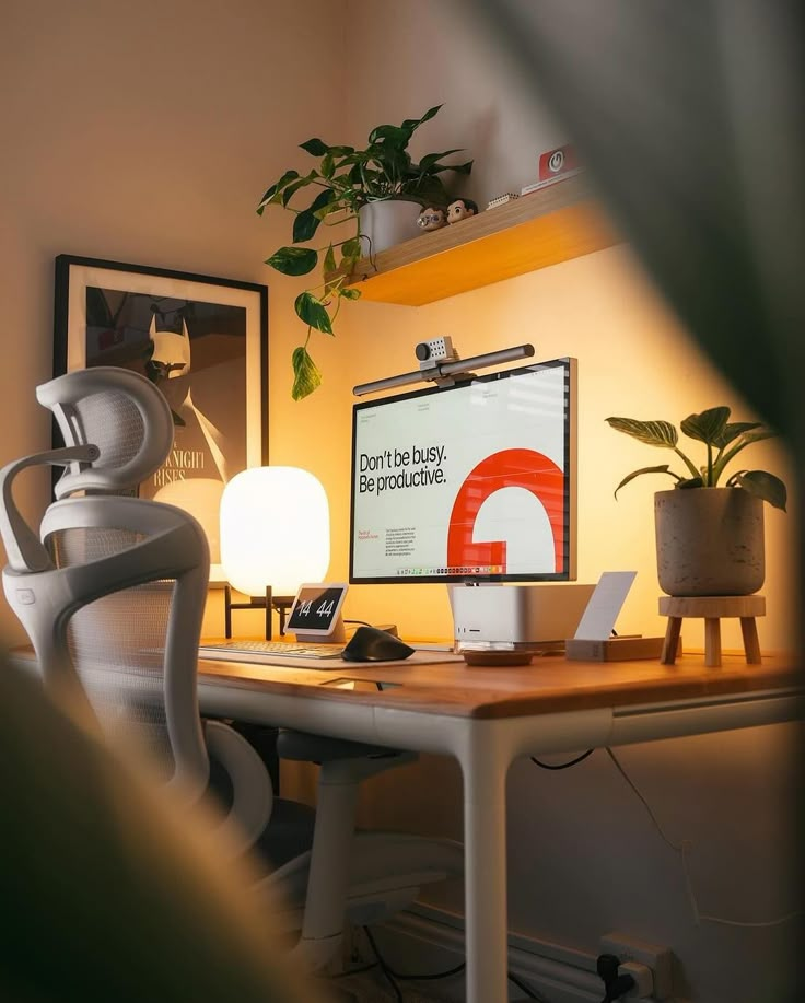 a computer monitor sitting on top of a desk next to a lamp and potted plant