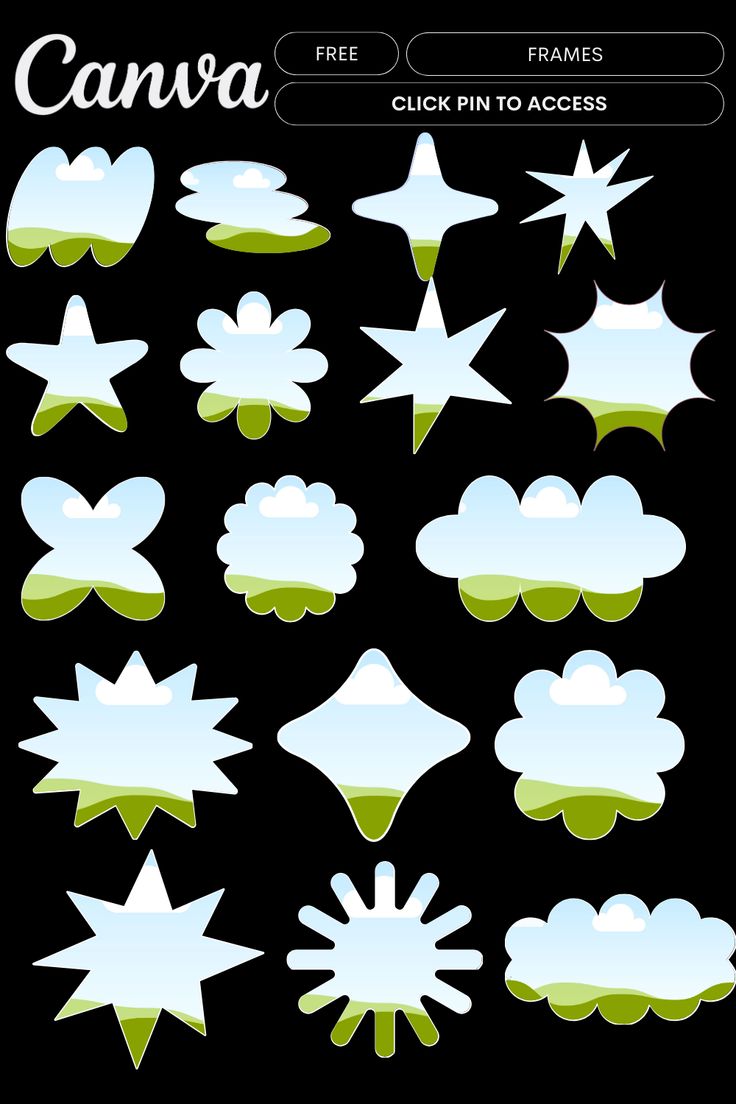 a black background with green and white stars, clouds, and other shapes on it