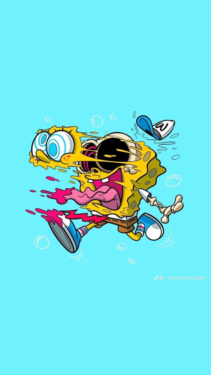 spongebob flying through the air with sunglasses on