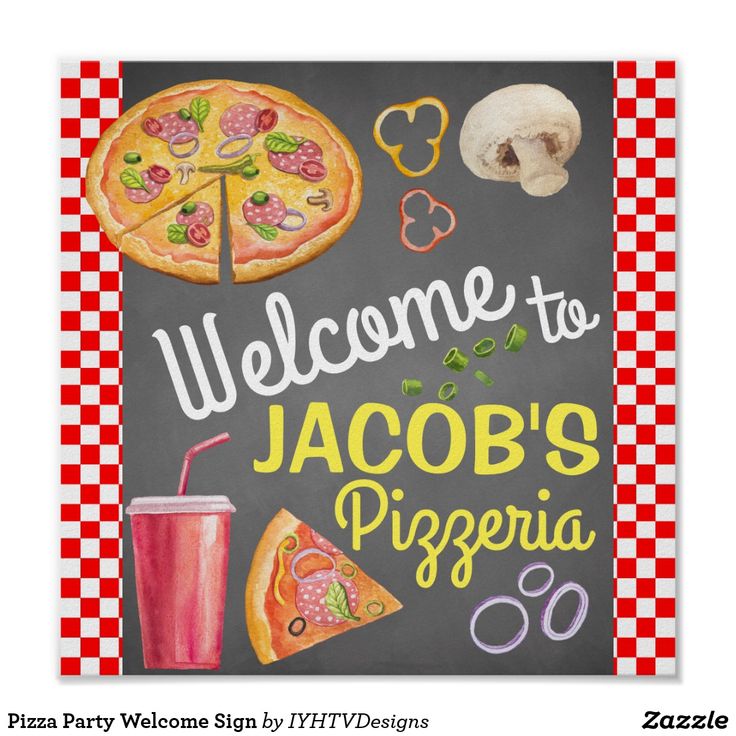 welcome to jacob's pizza sign in red and white checkered background