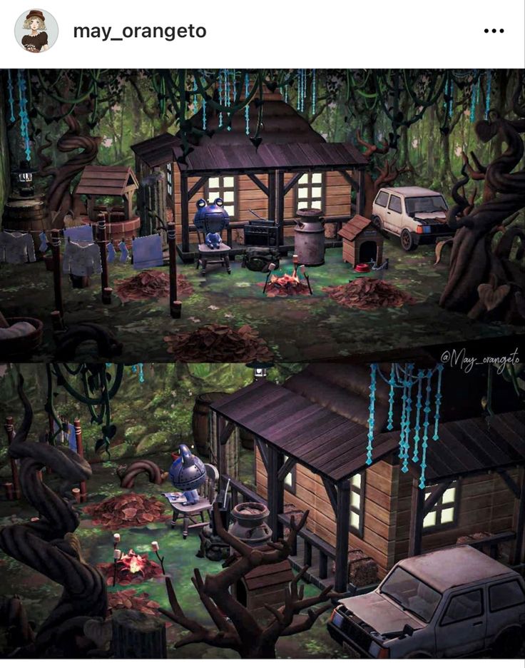 two different views of a small cabin in the woods, one with a car parked next to it