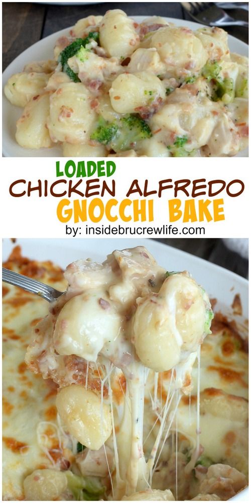 chicken alfredo with broccoli and cheese in a white bowl on the table, before and after it is cooked