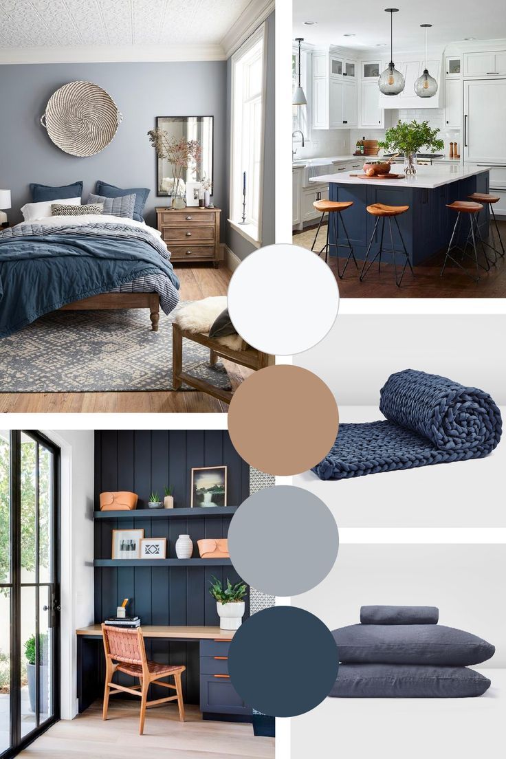 the color scheme for this bedroom is blue and gray, with neutrals in it