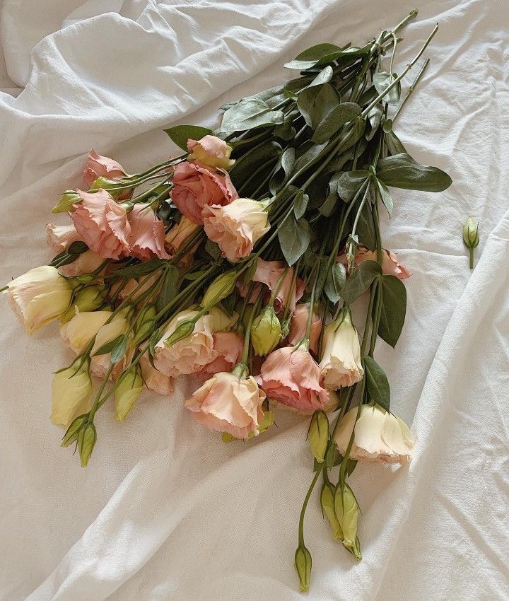 flowers laid out on a white sheet with green stems and pink roses in the middle