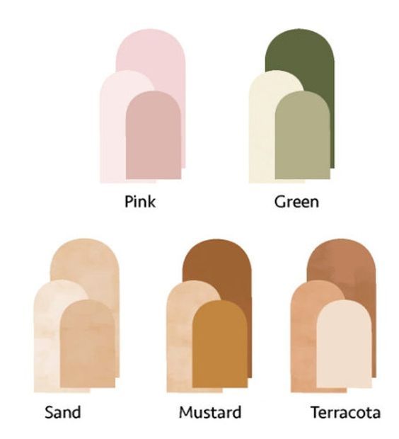 an image of different shades of paint for the walls and floors in various colors, including pink, green, mustard, terracotta, sand