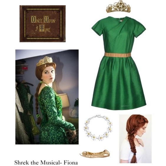 a woman in green dress and tiara next to other items