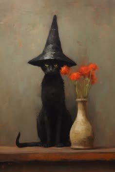 a painting of a black cat wearing a witches hat sitting next to a vase with orange flowers